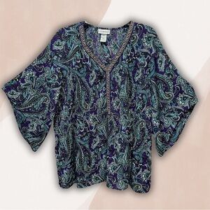 Catherines Women's 1X WP Paisley Top Silver Beaded V-Neck Embellishment
